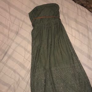 Strapless olive green lace dress.